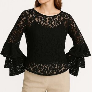 Heartloom Black Lace Top Tiered Ruffle 3/4 Sleeve Bubble Cuff Elegant Event 🆕 S